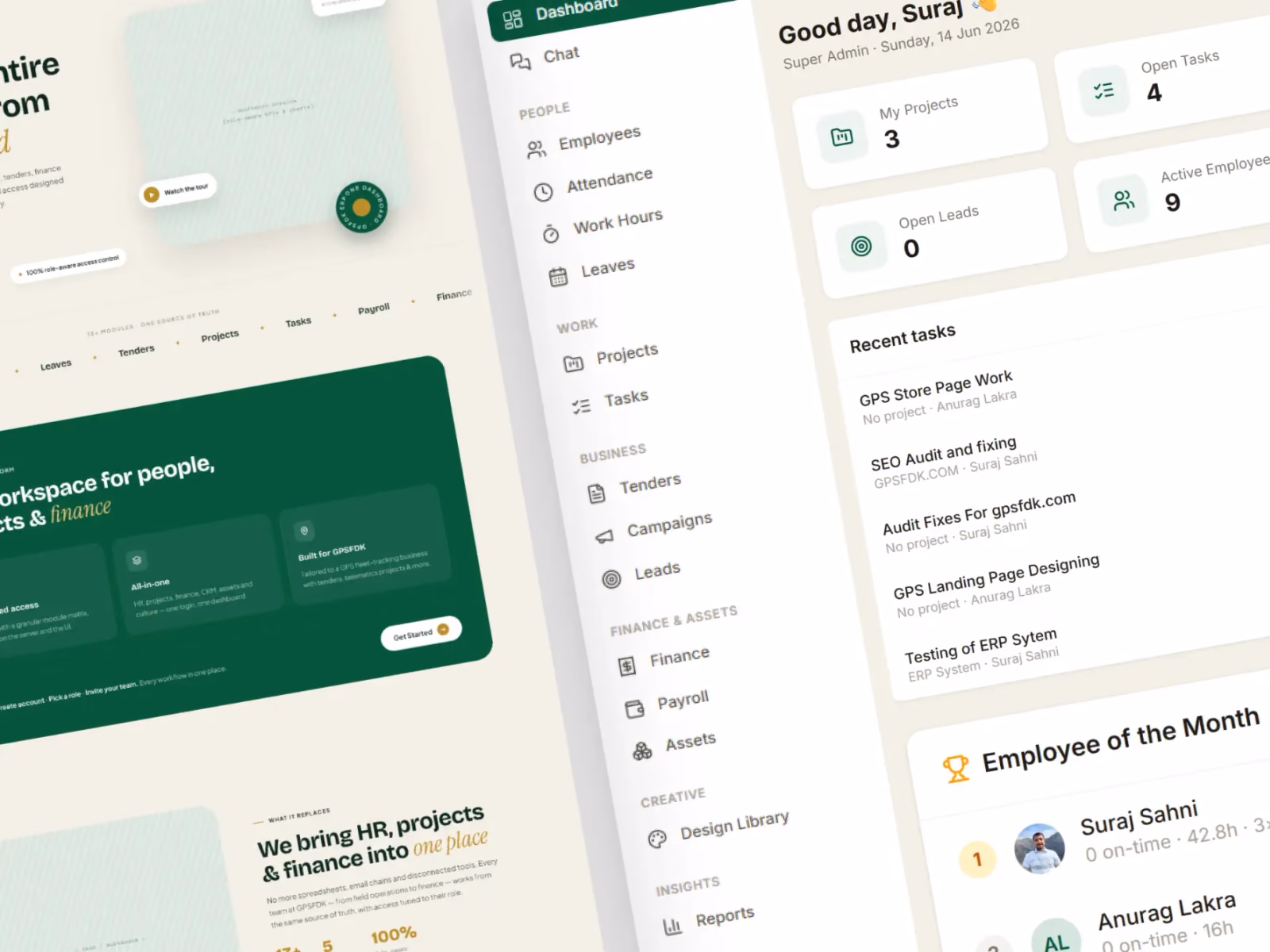 GPSFDK ERP One dashboard — custom ERP for HR, projects, finance and tenders, built by Web{X}